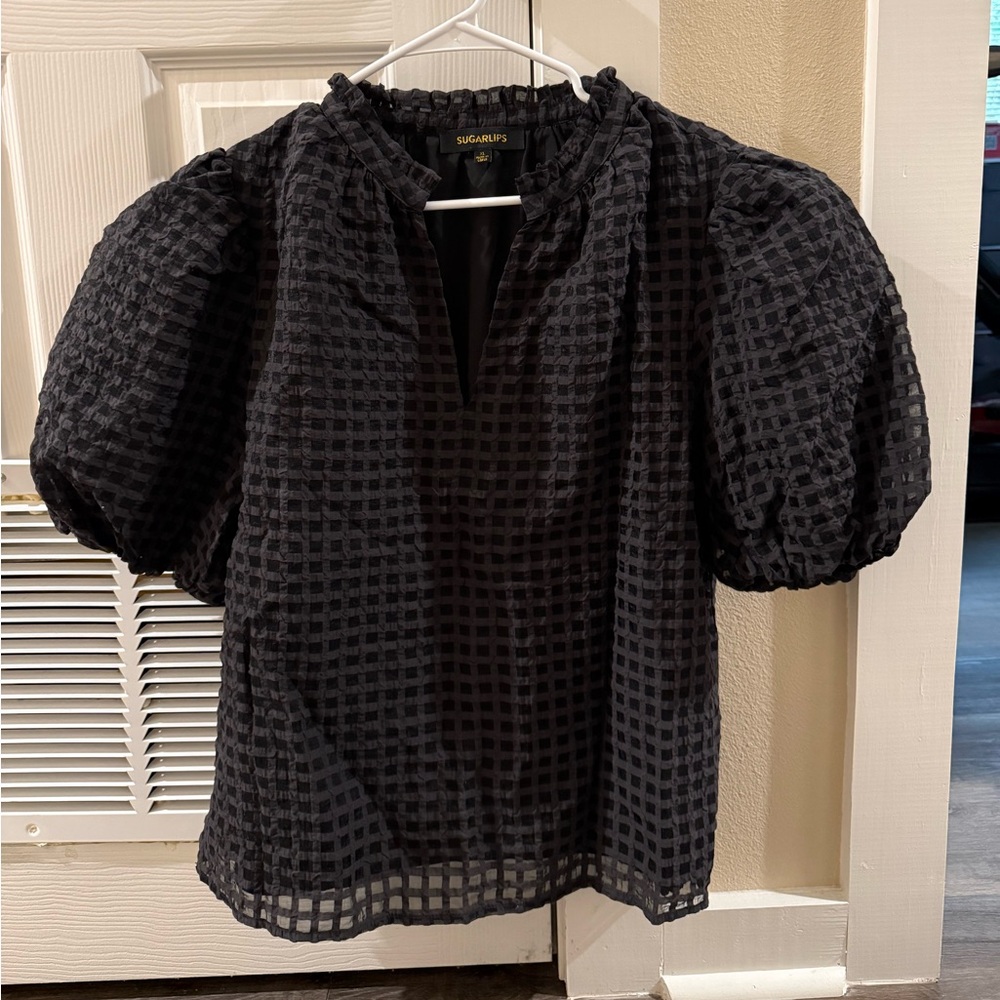 Sugarlips Gretna Organza Check Ruffle Blouse in Black - Size XL